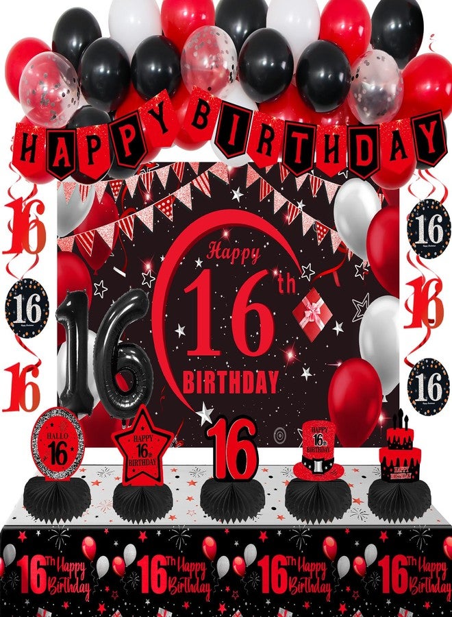 Coosilion 16th Birthday Decorations for Boys Girls Red Black, Sweet 16 Party Decorations with Happy 16th Birthday Banner Backdrop 16 Balloon Numbers Honeycomb Centerpieces Tablecloth 16 Years Old Party Supplies - Image 1